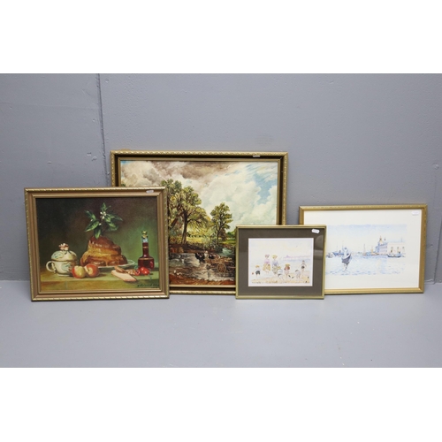 930 - Four Framed Artpieces To Include Original Rural Oil on Board By F. Halls, Original Oil on Board By J... 