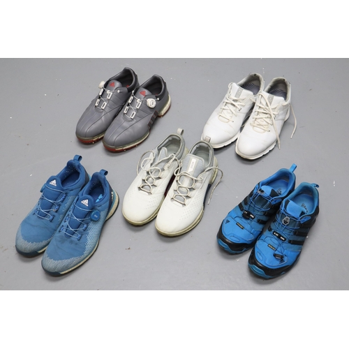 936 - Five pairs of golf trainers, X3 Adidas, X1 Ecco, X1 FJ pro SL