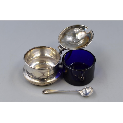 35 - Hallmarked Sheffield Silver Mustard Pot with Colbalt Blue Glass Liner and Spoon