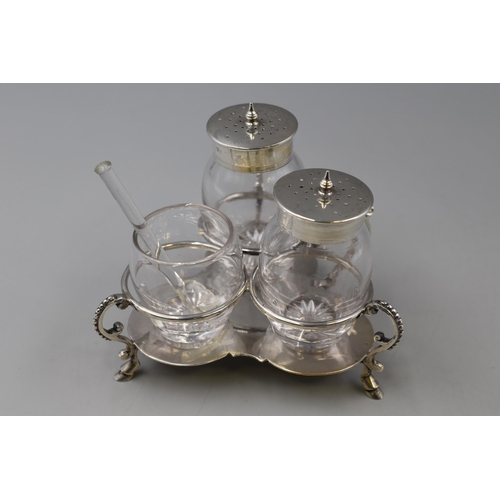 50 - Hallmarked Silver & Glass Cruet Set with Stand