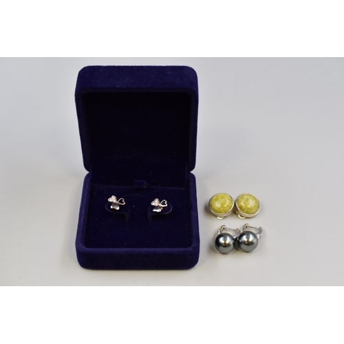 75 - Three Pairs of 925. Silver Earrings To Include Clip-On, Loveheart, And Other. In Presentation Box