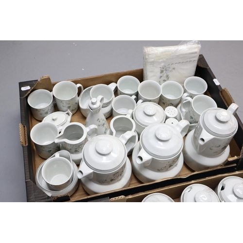 987 - A Large Selection of White Blossom Design Ceramic and Kitchenware Pieces. Includes Dinner, Side Plat... 