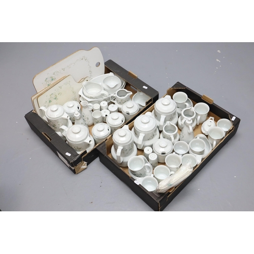 987 - A Large Selection of White Blossom Design Ceramic and Kitchenware Pieces. Includes Dinner, Side Plat... 