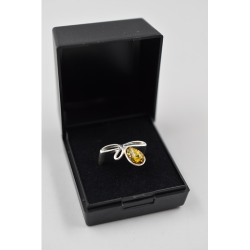 86 - Silver 925, Amber Stoned Ring Complete in Presentation Box. Size O