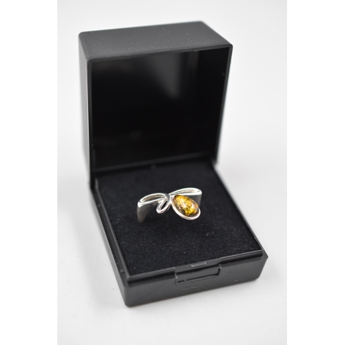 87 - Silver 925, Amber Stoned Ring Complete in Presentation Box. Size N