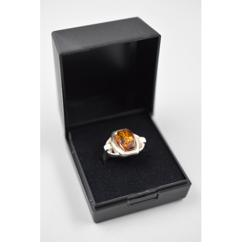 89 - Silver 925, Amber Stoned Ring Complete in Presentation Box. Size M