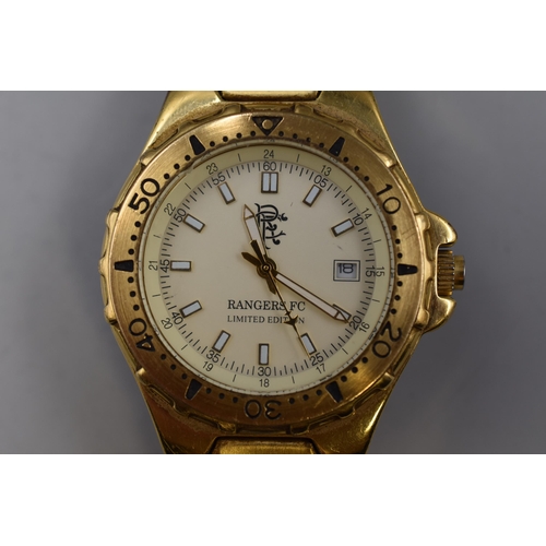 113 - A Gold Tone Limited Edition (No 004) Klaus Kobec Rangers FC Day/Time Quartz Watch, Working