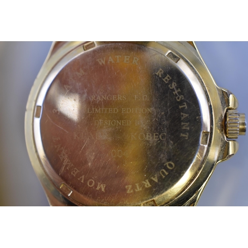 113 - A Gold Tone Limited Edition (No 004) Klaus Kobec Rangers FC Day/Time Quartz Watch, Working