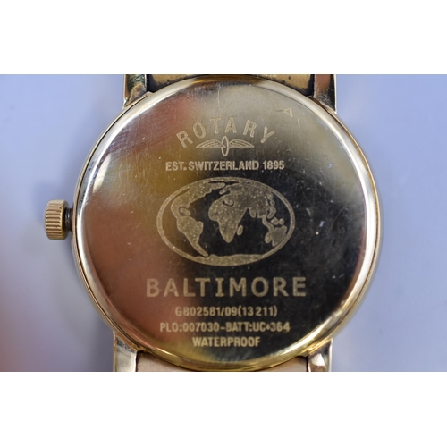 116 - Rotary Baltimore men's watch in presentation box with time and date of purhase