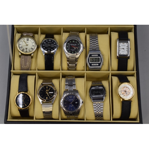 120 - A Ten Watch Faux Black Leather Watch Presentation Box, With Ten Gents Quartz Watches