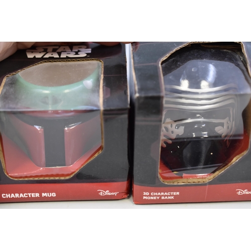 505 - A Selection of Boxed Collectable Ceramic Star Wars Items To Include Kylo Ren Money Box, Boba Fett Mu... 