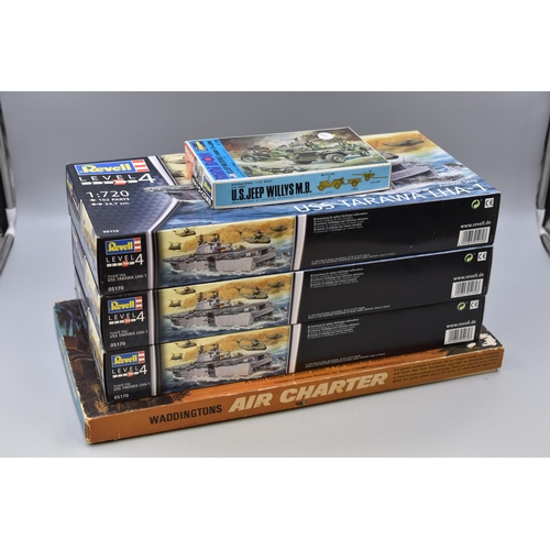 507 - A Selection of Four Model Kits, and Air Charter Board Game. Includes US Jeep Wills MB (Appears Compl... 