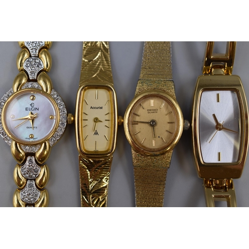 134 - Four Ladies Gold Tone Designer Watches To Include Seiko And Accurist