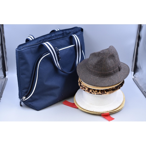 518 - A Selection of Seven Assorted Hats, With Bag and Polystyrene Hat Display/Shaper