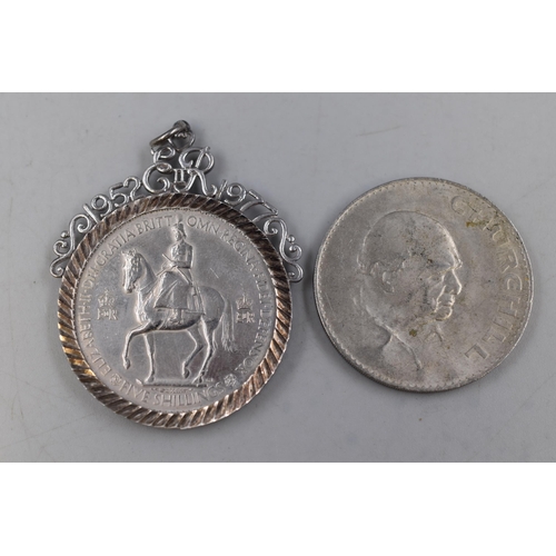 148 - A Mounted UK Elizabeth II Silver Jubilee Crown, With Collectable Churchill Crown