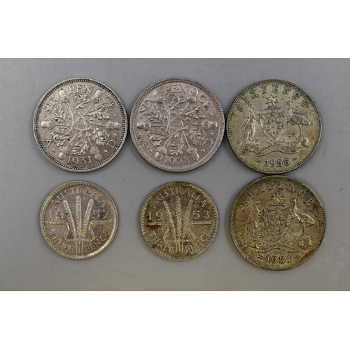 154 - Four Australian Silver Coins and Two George V Silver Sixpences (1928 & 1931)