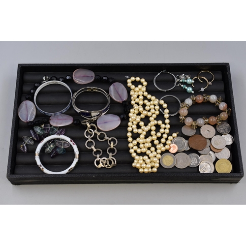 187 - A Selection of Jewellery and Assorted Coinage To Include Pearl Necklace, Enamelled Bangle, Hoop Earr... 