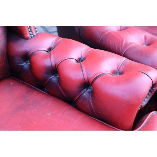 598 - Vintage Buttoned Rolled Arm Pair of Leather Chesterfield Chairs in Oxblood on Castors a/f approx 33