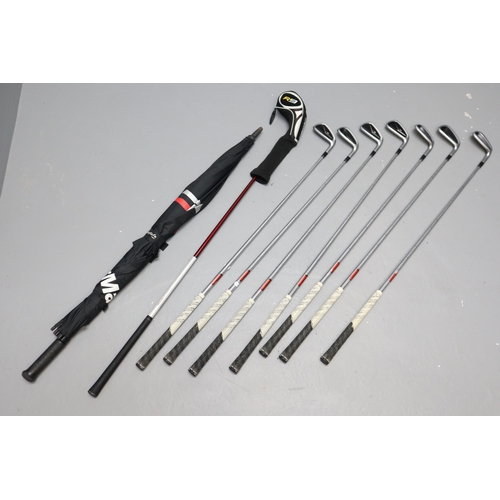 642 - A Selection of Taylormade R9 Golf Clubs With Taylormade Golf Umbrella. Includes 3 Wood, Irons (4, 5,... 