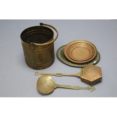 606 - Brass Coal Bucket with Chargers and Nut Roaster