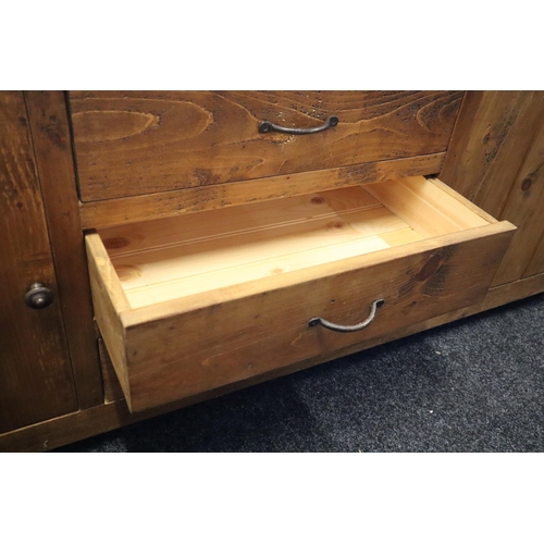 614 - Heavy Rustic Pine Side Board with 3 Central Drawers and 2 Matching Side Cupboards (81