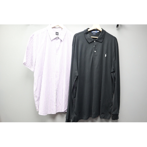 577 - Four mens designer XXL shirts, 3 dress shirts to include 2 Lacoste, 1 BOSS and a long sleve black po... 