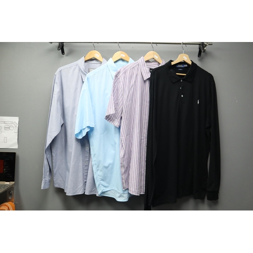 577 - Four mens designer XXL shirts, 3 dress shirts to include 2 Lacoste, 1 BOSS and a long sleve black po... 