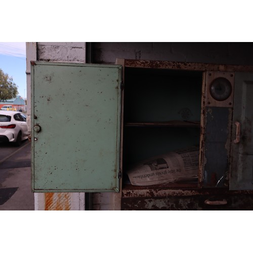 620 - Rare Find Vintage Metal Five Section Kitchen Larder Storage Unit with Clock and Mirror in need of re... 