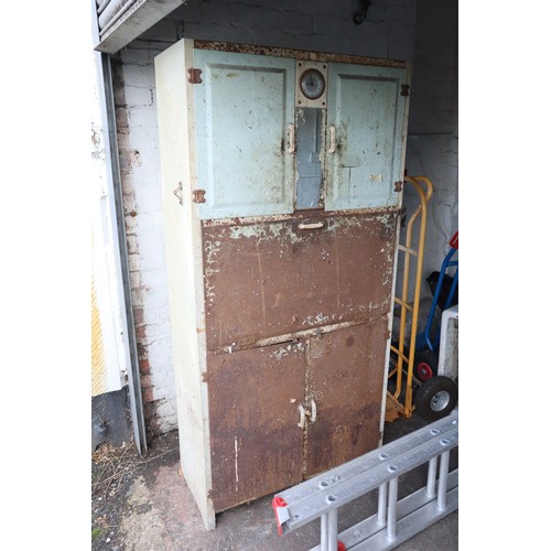 620 - Rare Find Vintage Metal Five Section Kitchen Larder Storage Unit with Clock and Mirror in need of re... 