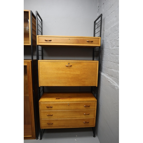 589 - Two mid century light wood ladder rax modular units, large two door cabinet with glass shelves and d... 