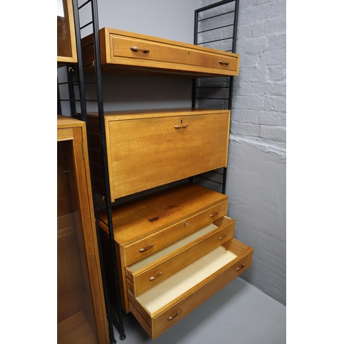 589 - Two mid century light wood ladder rax modular units, large two door cabinet with glass shelves and d... 