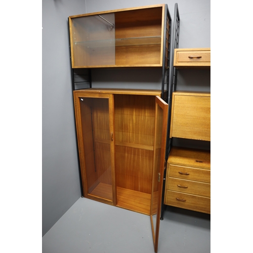 589 - Two mid century light wood ladder rax modular units, large two door cabinet with glass shelves and d... 