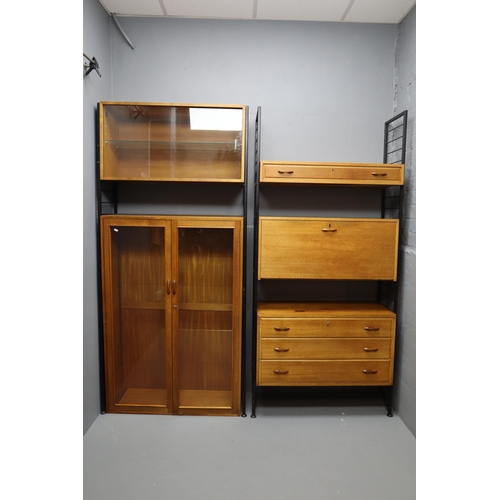 589 - Two mid century light wood ladder rax modular units, large two door cabinet with glass shelves and d... 