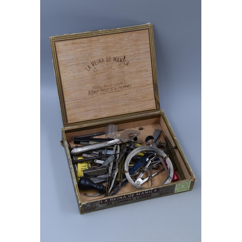 687 - A Wooden Cigar Box Containing Various Vintage Engineers Tools