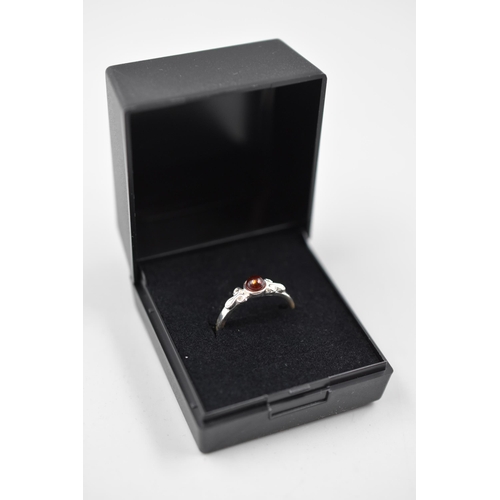 5 - Silver 925, Amber Stoned Ring Complete in Presentation Box. Size K