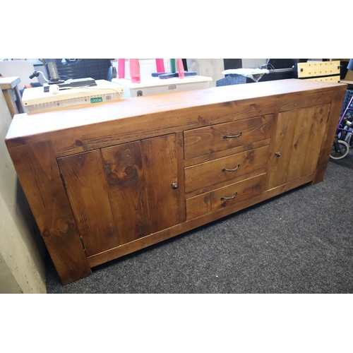 614 - Heavy Rustic Pine Side Board with 3 Central Drawers and 2 Matching Side Cupboards (81