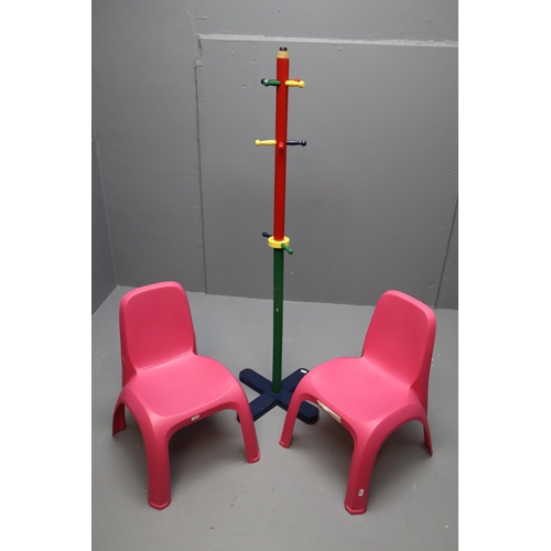 625 - Two Keter Childrens Plastic Moulded Chairs and a Coloured Kids Coat Hanger