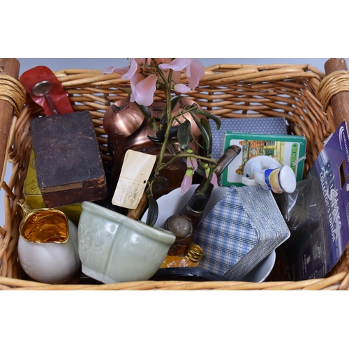 918 - Nice Mixed Lot with Quality Items in a Wicker Basket to include Vintage Tape measure, Crown Devon, V... 