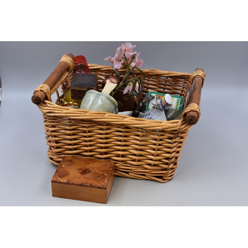 918 - Nice Mixed Lot with Quality Items in a Wicker Basket to include Vintage Tape measure, Crown Devon, V... 