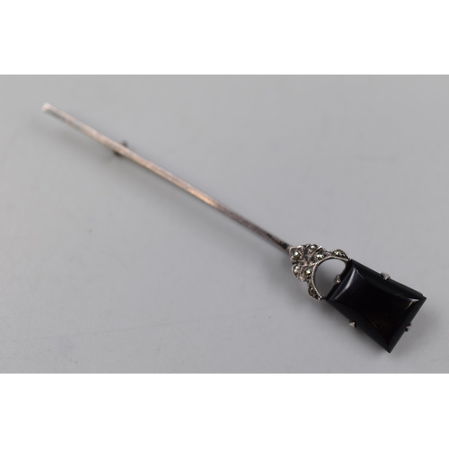 6 - An Unmarked Silver Kilt Pin with Marcasite and Black Stone