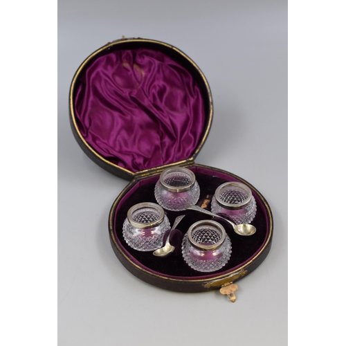 25 - Hallmarked Birmingham Silver Condiment Set with Case and two Spoons A/F