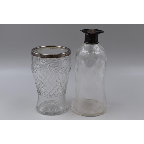 30 - Hallmarked Birmingham Silver Necked Decanter and a Sterling Silver Rimmed Vase (Tallest 9