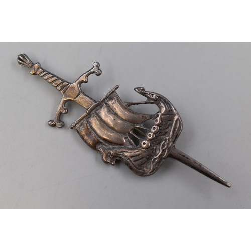 41 - Vintage 1960's Sterling Silver Sword and Viking Ship Scottish Kilt Pin Brooch marked DB on rear