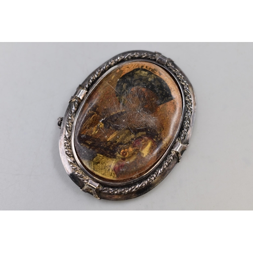 45 - A Vintage Sterling Silver Brooch with Hand Painted Portrait as Centre Piece