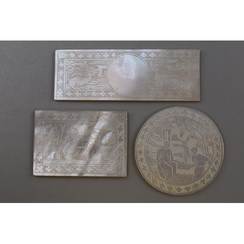 59 - Three Antique Chinese Mother of Pearl Etched Gaming Tokens