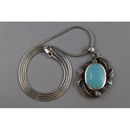 83 - A Silver 925 Necklace with Marcasite and Turquoise Pendant, Chain 22