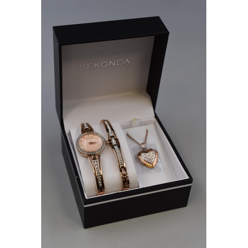 96 - Sekonda Secret Rose Ladies Gift Set with Rose Gold Coloured Watch Bracelet and Necklace complete wit... 