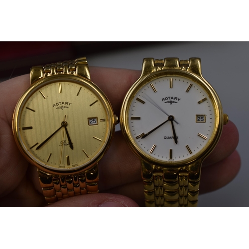 97 - Two Rotary Gold Tone Quartz Day/Time Watches, In Presentation Boxes