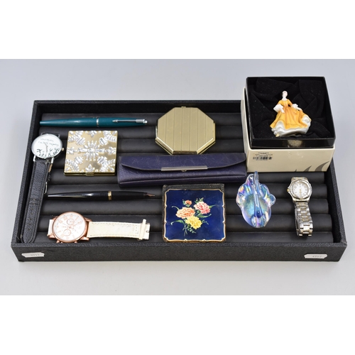 132 - Mixed Selection Including Compacts, Watches, Miniature Royal Doulton, Heron Glass and More