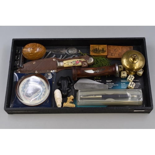 136 - Mixed tray of items to include, a Stanley folding knife, parker pen, wooden matchbox, glass hedgehog... 